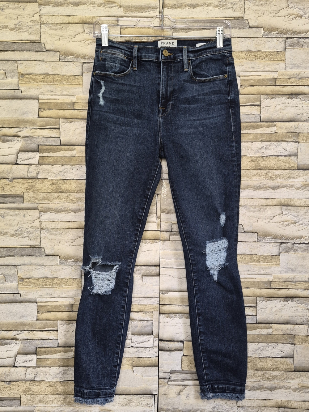 ​FRAME Le High Skinny Jeans Women's 29 Dark Blue Distressed Frayed Hem Denim